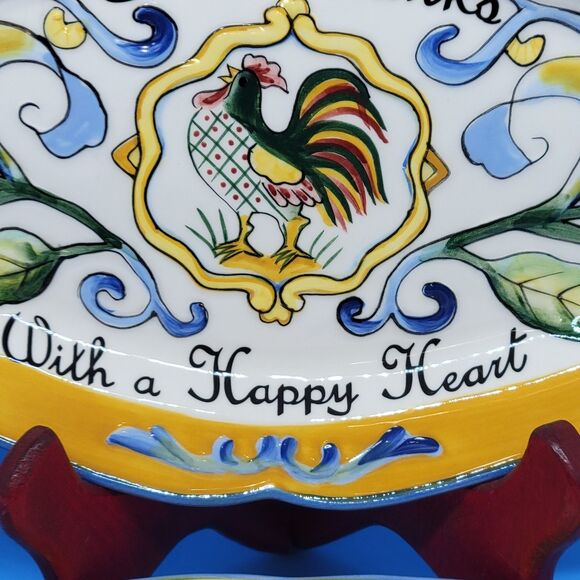 2 Fitz and Floyd Ricamo 11"  "Give Thanks With a Happy Heart" Tray Rooster - Picture 4 of 8